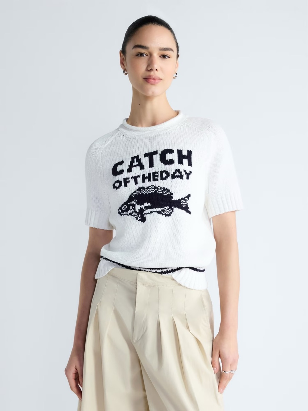 NWT Free Assembly Catch of the Day Fish White Knit Short-Sleeve Sweater S